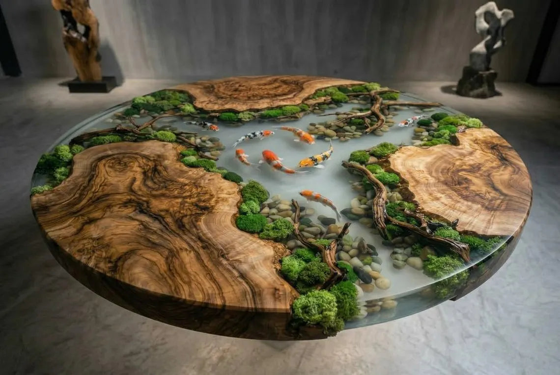 Koi Garden Epoxy Coffee Table – Round Wood Pond Landscape Table
