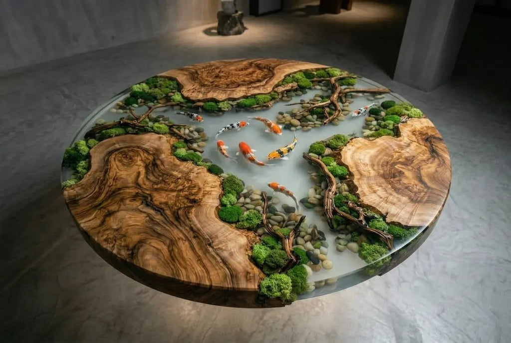 Koi Garden Epoxy Coffee Table – Round Wood Pond Landscape Table