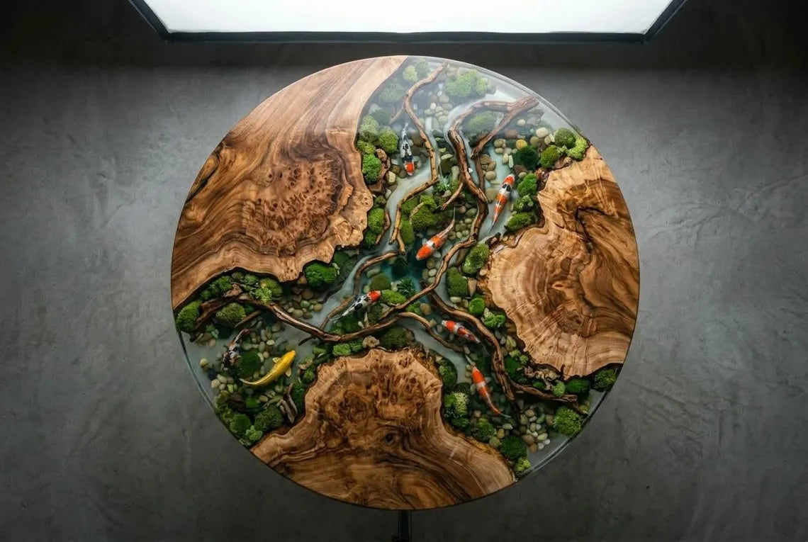 Koi Garden Epoxy Coffee Table – Round Wood Pond Landscape Table