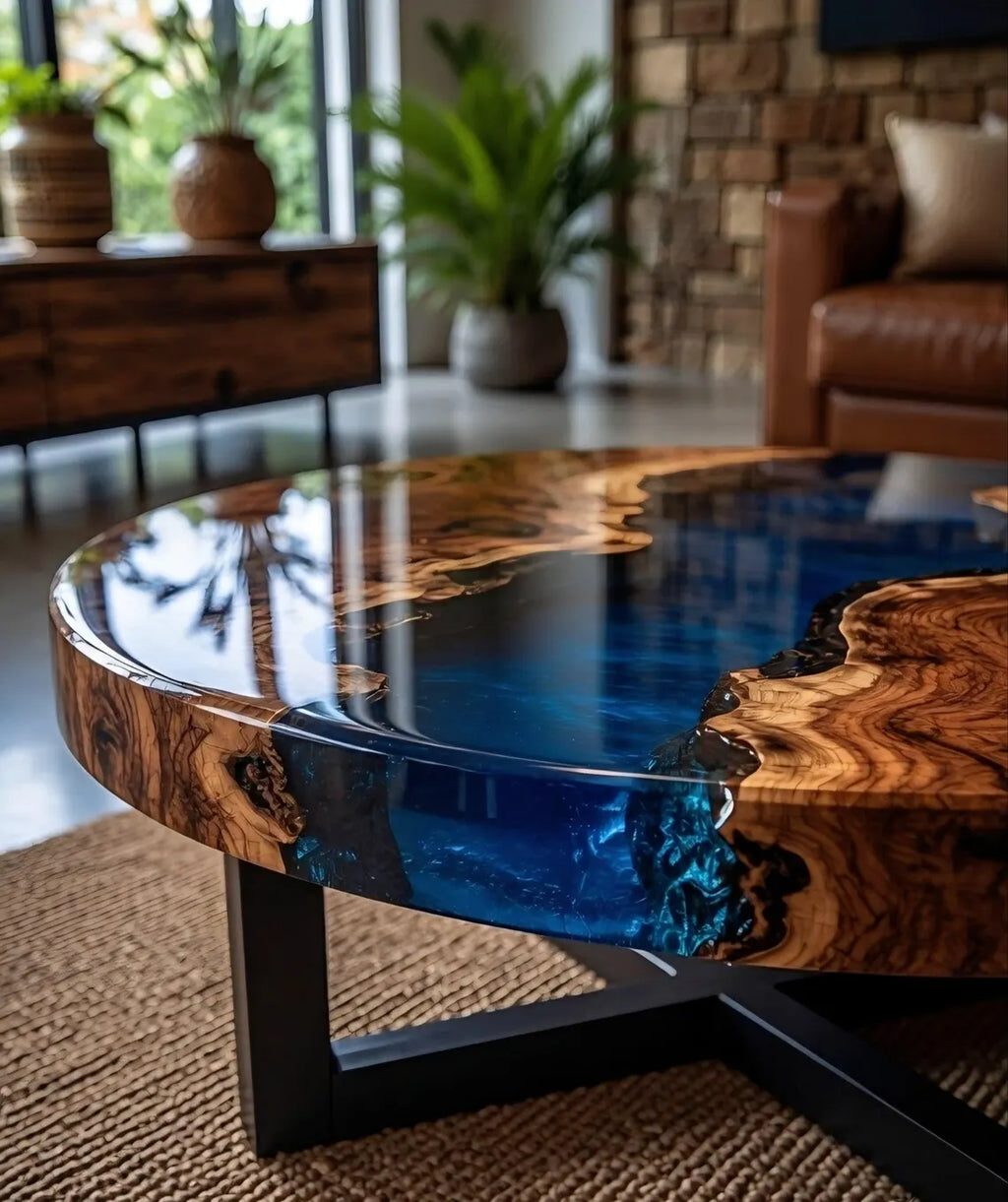 Midnight River Round Epoxy Coffee Table – Live Edge Wood Center Table