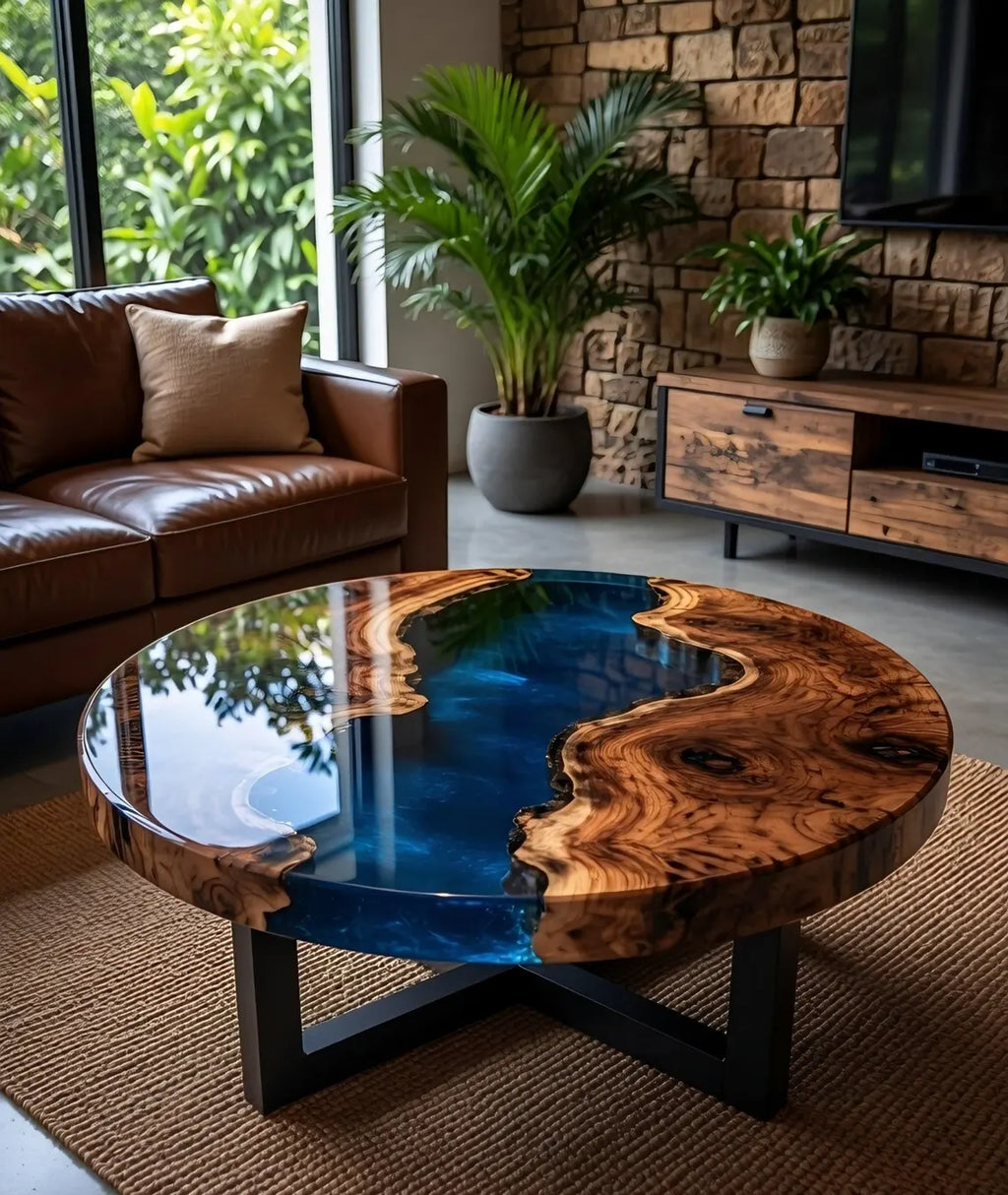 Midnight River Round Epoxy Coffee Table – Live Edge Wood Center Table