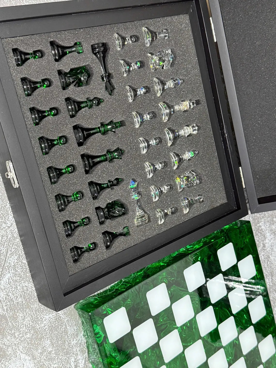 Handmade Dark Green Resin - Personalized Chess Set: Luxury Board Game, Gift for All