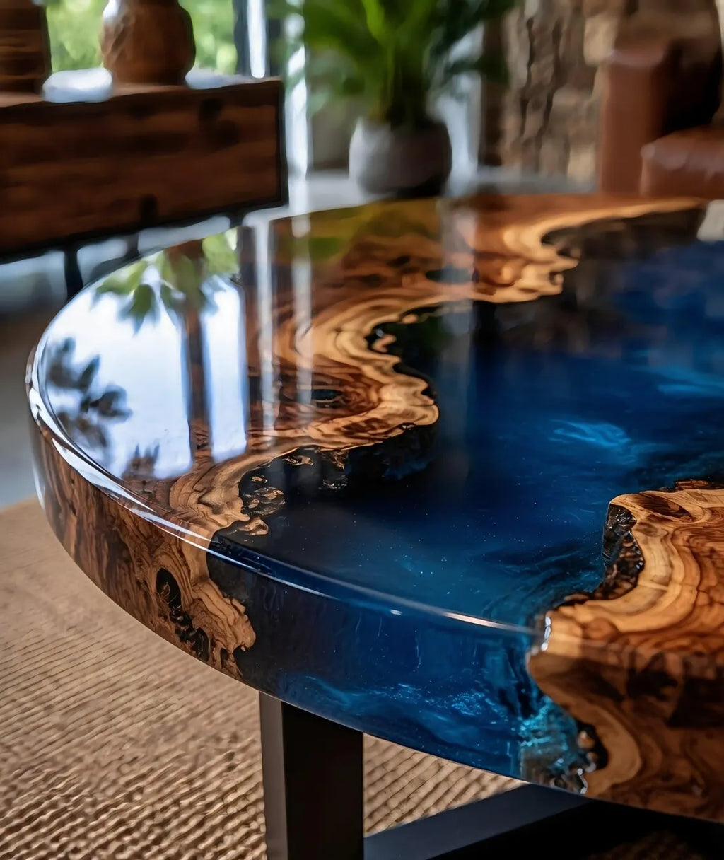 Midnight River Round Epoxy Coffee Table – Live Edge Wood Center Table