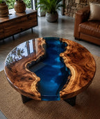 Midnight River Round Epoxy Coffee Table – Live Edge Wood Center Table