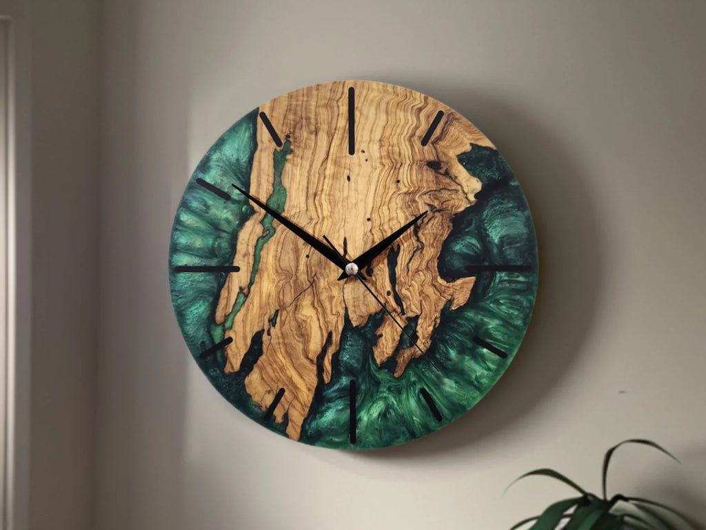 Emerald River Epoxy Wood Wall Clock – Handmade Resin Home Decor