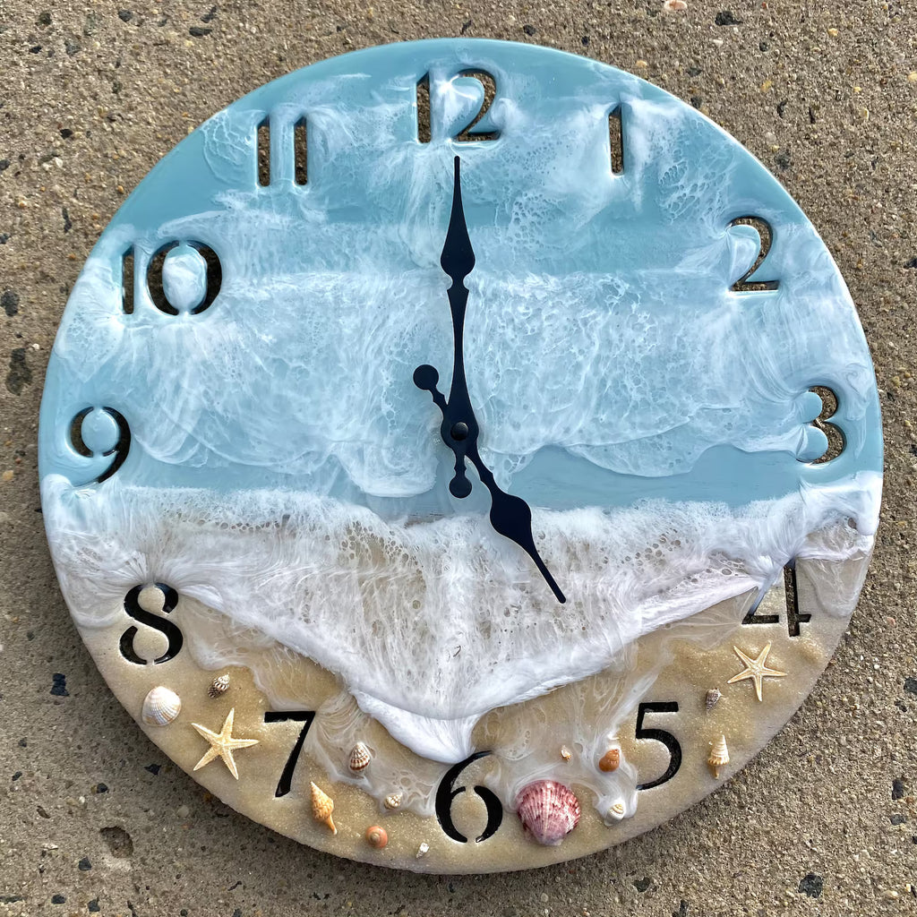 Seaside Shell Epoxy Resin Wall Clock – Ocean Wave Coastal Décor