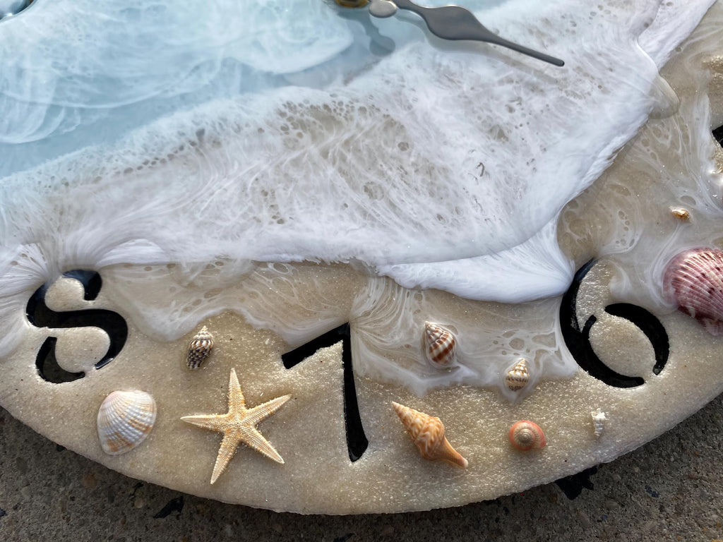 Seaside Shell Epoxy Resin Wall Clock – Ocean Wave Coastal Décor