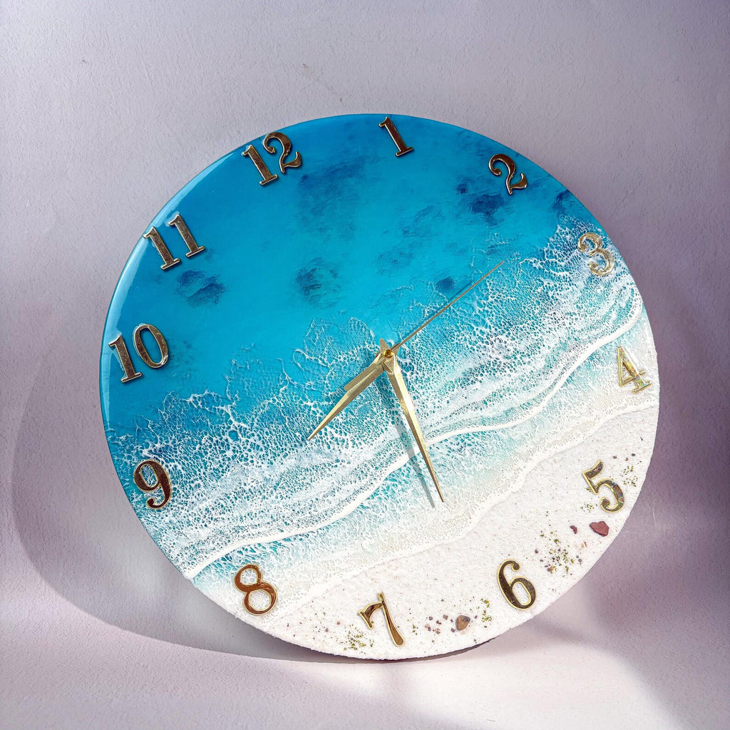 Ocean Wave Epoxy Resin Wall Clock – Turquoise Beach Coastal Décor