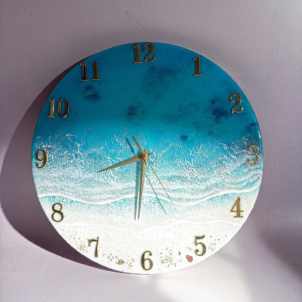 Ocean Wave Epoxy Resin Wall Clock – Turquoise Beach Coastal Décor