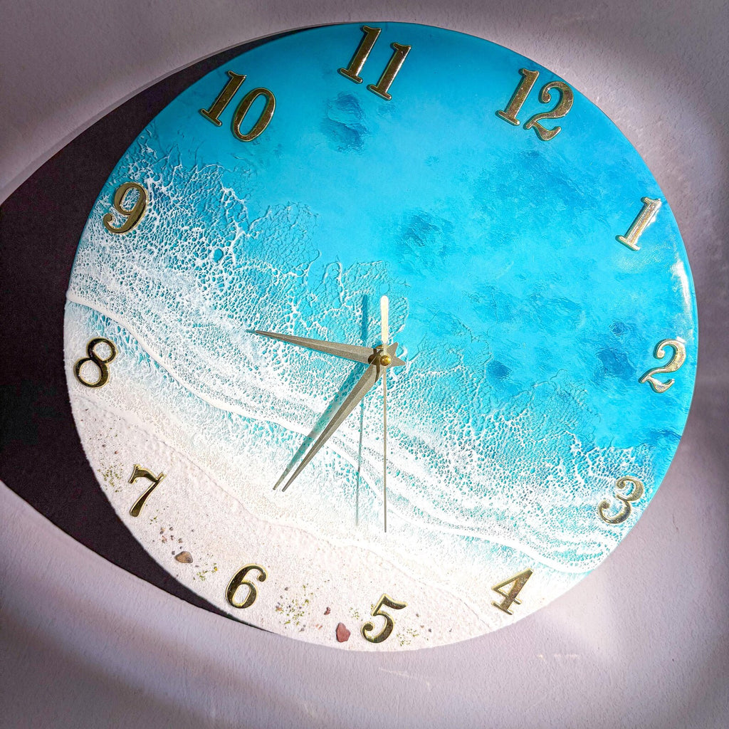 Ocean Wave Epoxy Resin Wall Clock – Turquoise Beach Coastal Décor