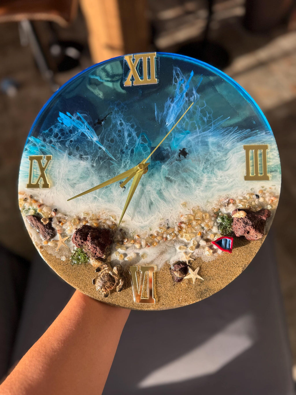 Ocean Wave Epoxy Resin Wall Clock – Handmade Coastal Decor