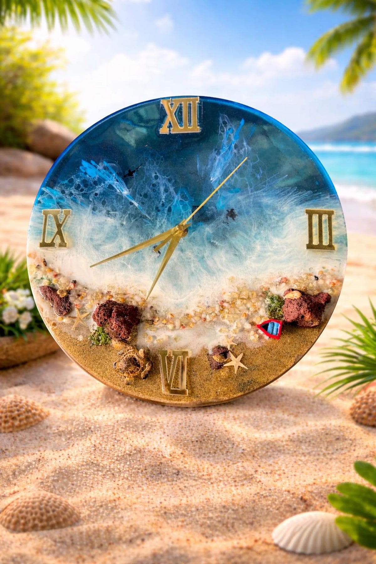 Ocean Wave Epoxy Resin Wall Clock – Handmade Coastal Decor