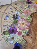 Pressed Flower Epoxy Resin Table – Round Live-Edge Wood Botanical Tabletop