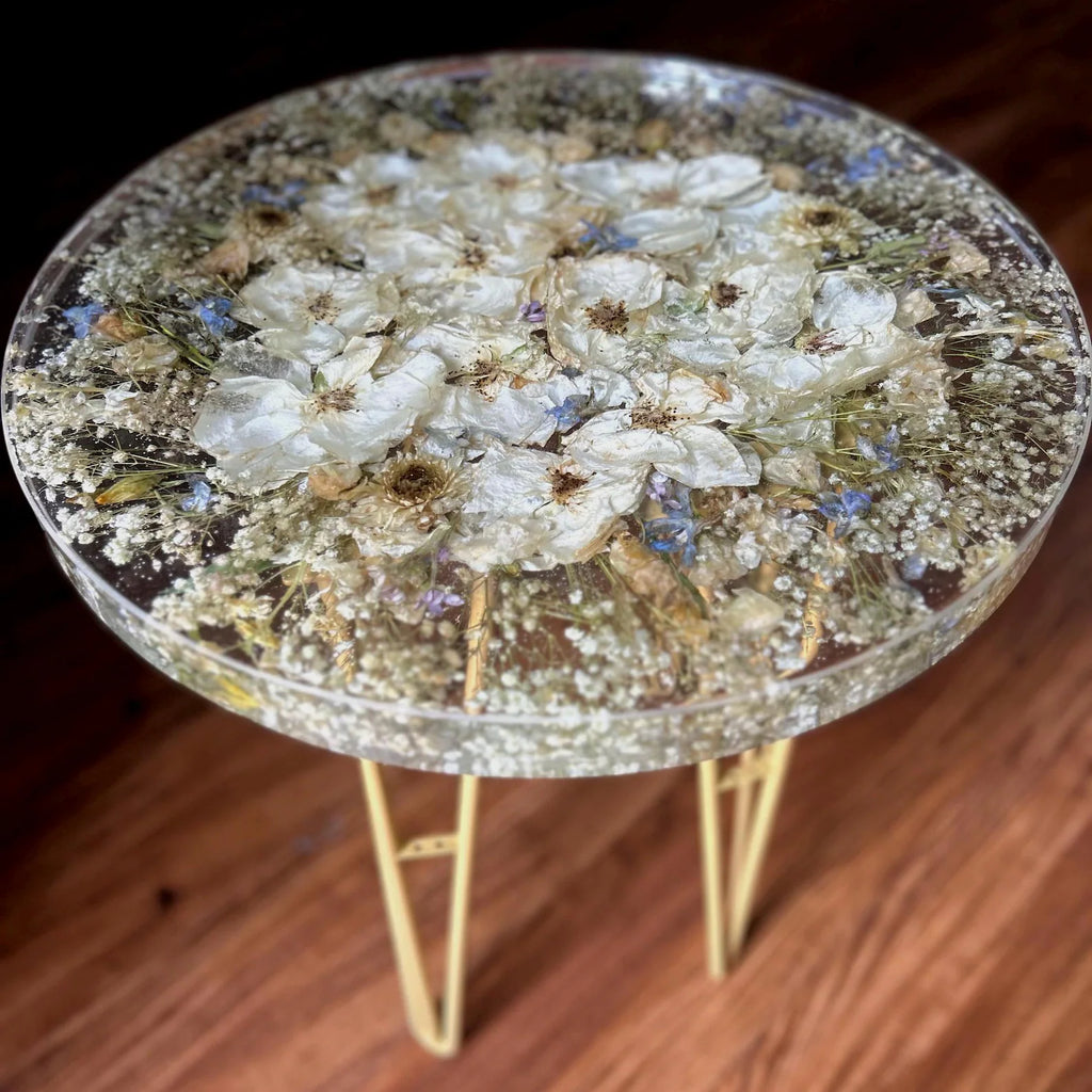 Preserved Flower Epoxy Resin Table – Round & Square Botanical Accent Table