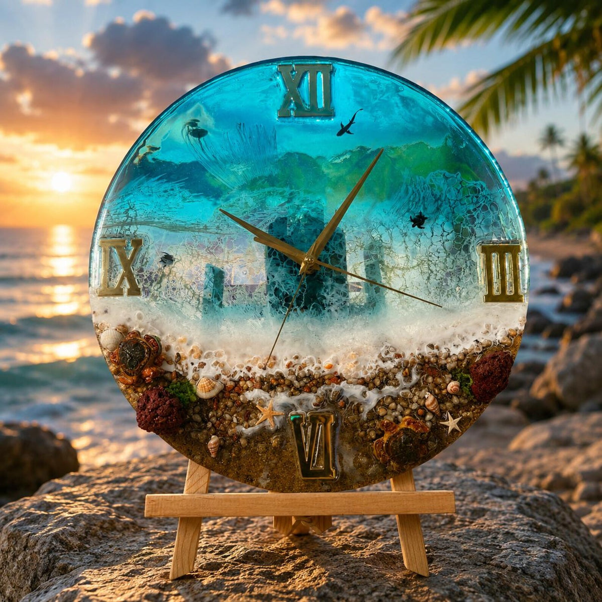 Ocean Wave Epoxy Resin Wall Clock – Handmade Coastal Decor