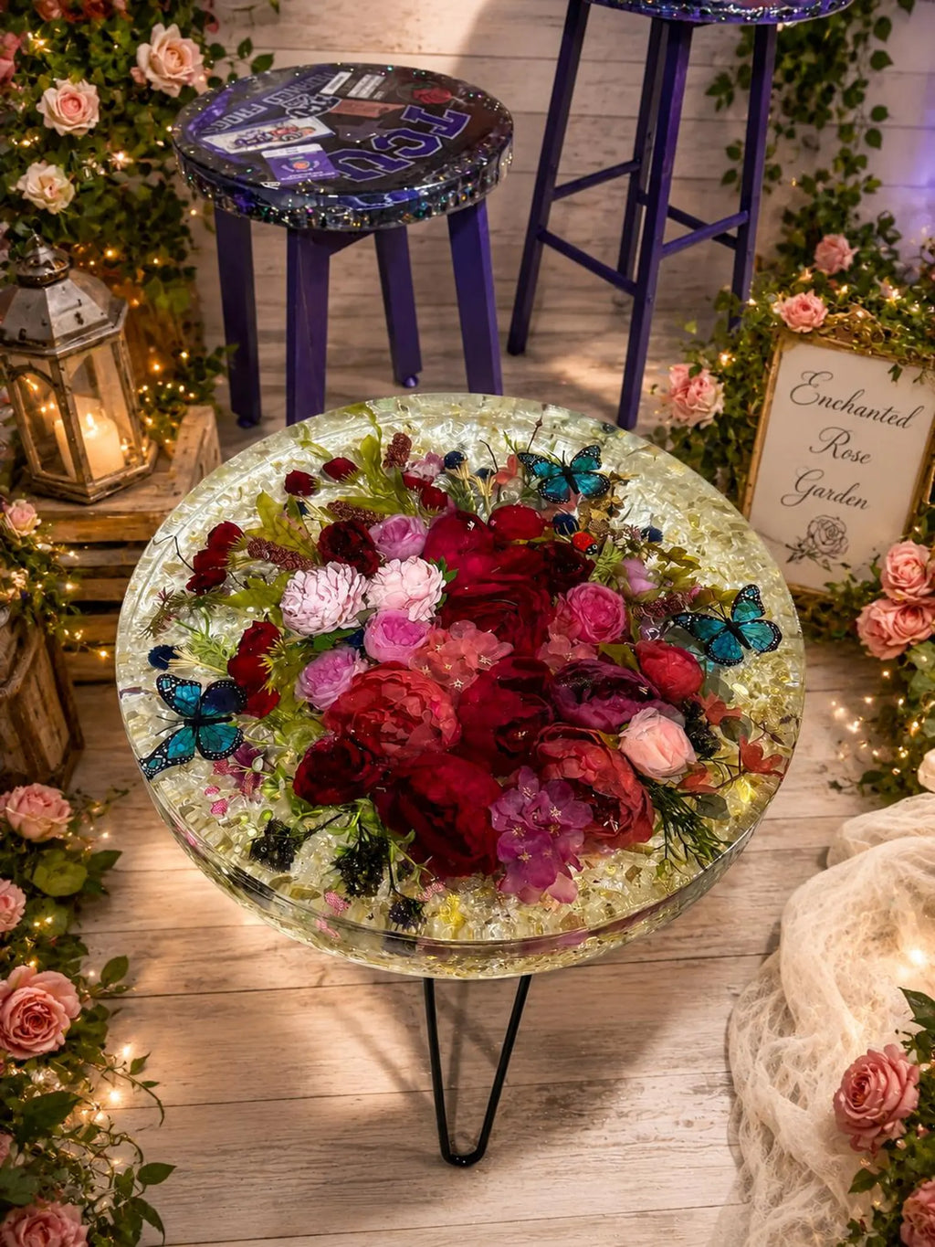 Enchanted Garden Epoxy Resin Coffee Table – Preserved Flower and Butterfly Design