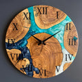 Turquoise River Epoxy Wood Wall Clock – Handmade Roman Numeral Decor