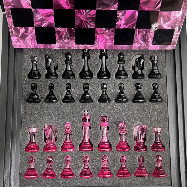 Rose Quartz Resin Chess Set – Handmade Pink Transparent Board With Box