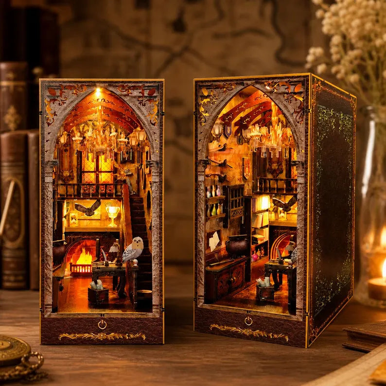 DIY Magic Academy Book Nook Kit, Light Up Wizard Library Diorama, Miniature Bookshelf Insert, Fantasy Decor Gift