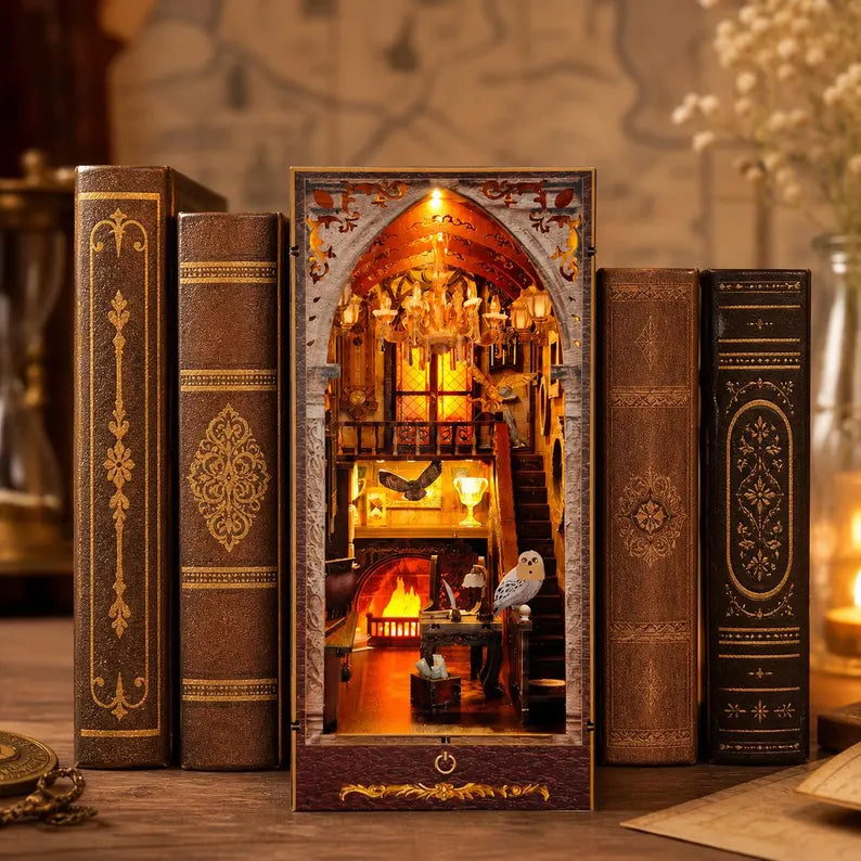 DIY Magic Academy Book Nook Kit, Light Up Wizard Library Diorama, Miniature Bookshelf Insert, Fantasy Decor Gift