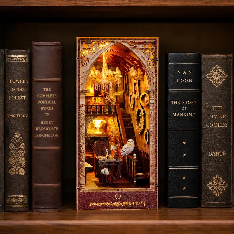 DIY Magic Academy Book Nook Kit, Light Up Wizard Library Diorama, Miniature Bookshelf Insert, Fantasy Decor Gift