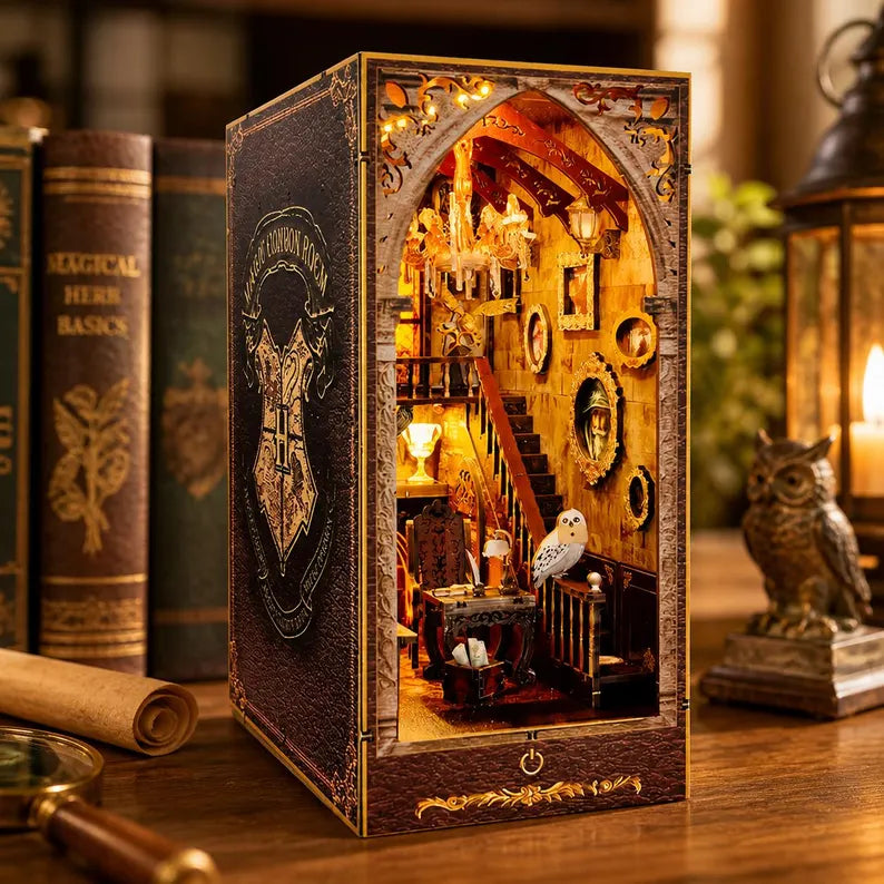 DIY Magic Academy Book Nook Kit, Light Up Wizard Library Diorama, Miniature Bookshelf Insert, Fantasy Decor Gift