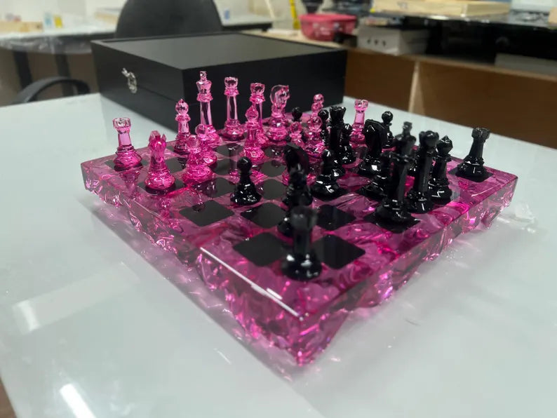 Rose Quartz Resin Chess Set – Handmade Pink Transparent Board With Box