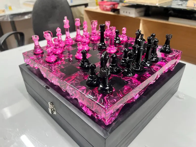 Rose Quartz Resin Chess Set – Handmade Pink Transparent Board With Box