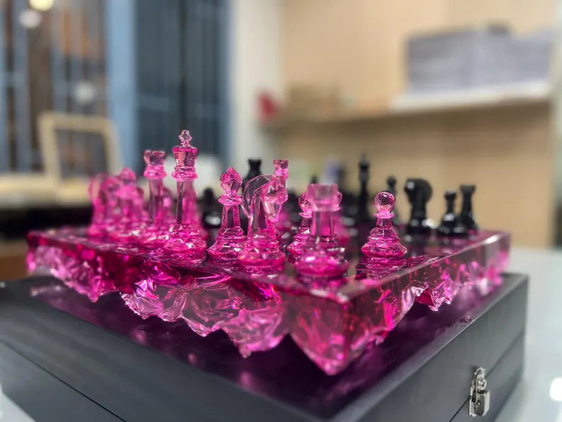 Rose Quartz Resin Chess Set – Handmade Pink Transparent Board With Box