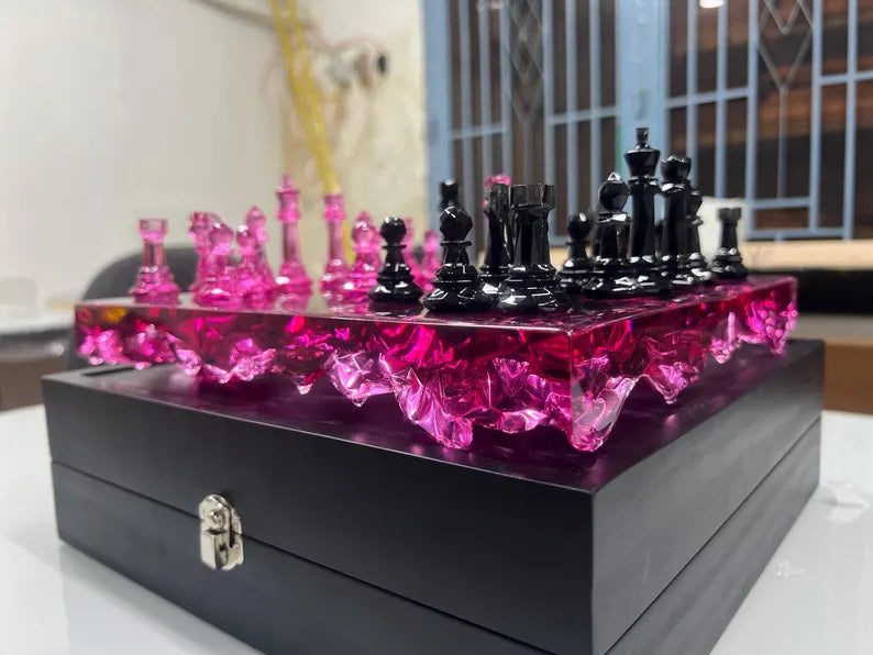 Rose Quartz Resin Chess Set – Handmade Pink Transparent Board With Box