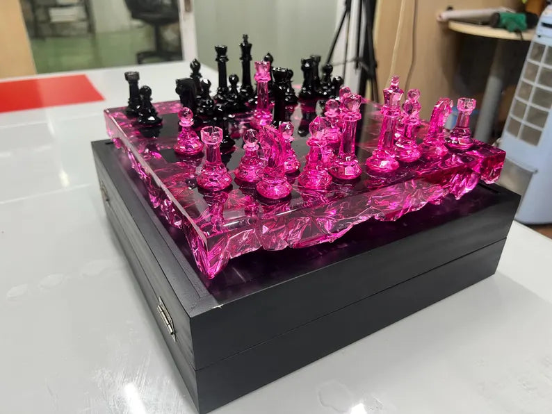 Rose Quartz Resin Chess Set – Handmade Pink Transparent Board With Box