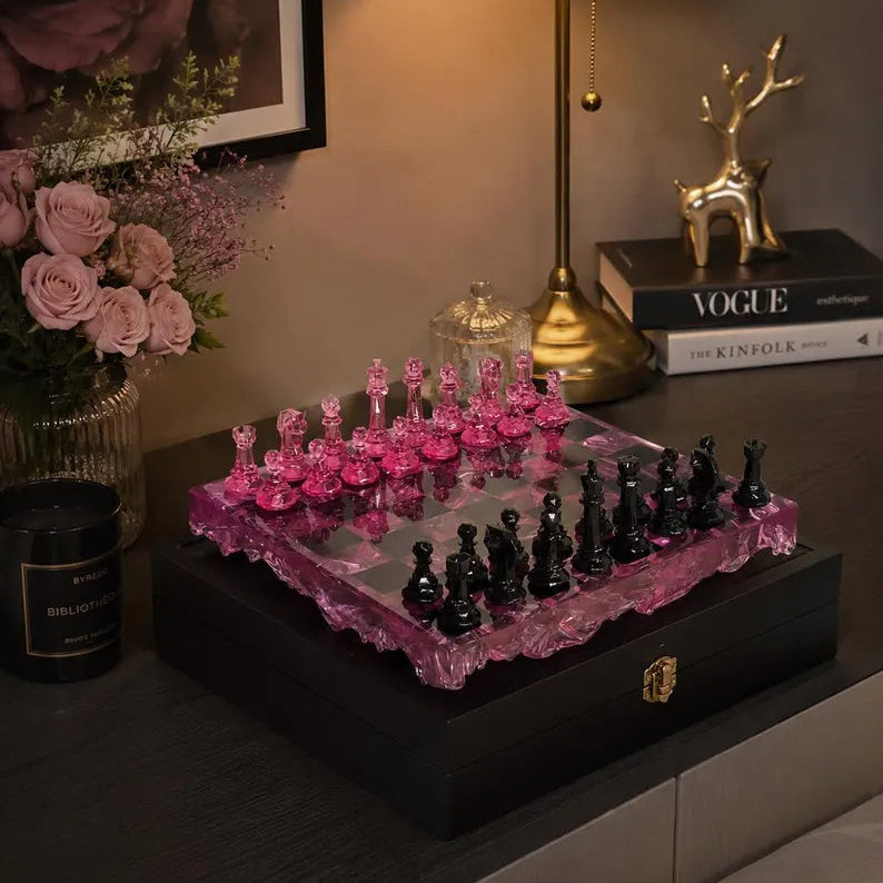 Rose Quartz Resin Chess Set – Handmade Pink Transparent Board With Box