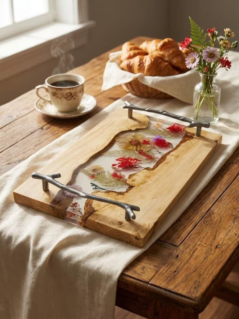 Pressed Flower Epoxy Wood Serving Tray – Botanical Resin Decorative Tray