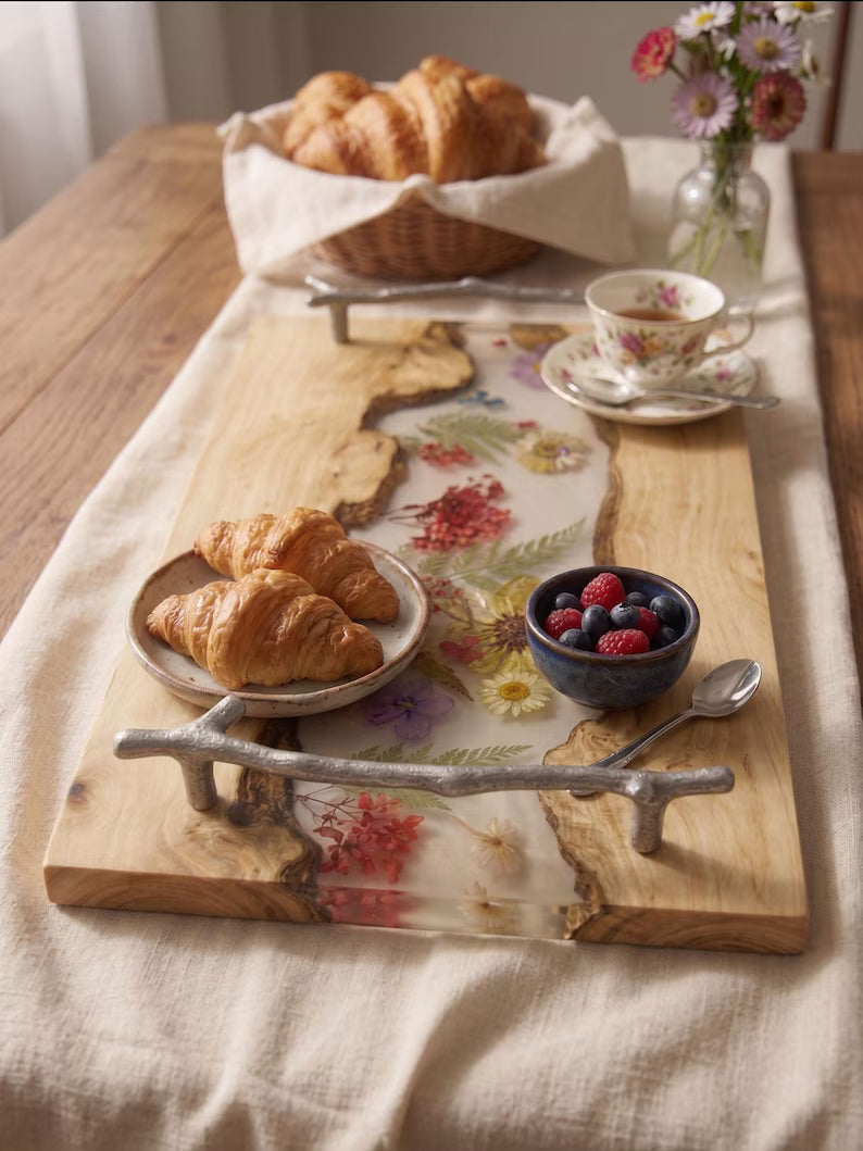Pressed Flower Epoxy Wood Serving Tray – Botanical Resin Decorative Tray
