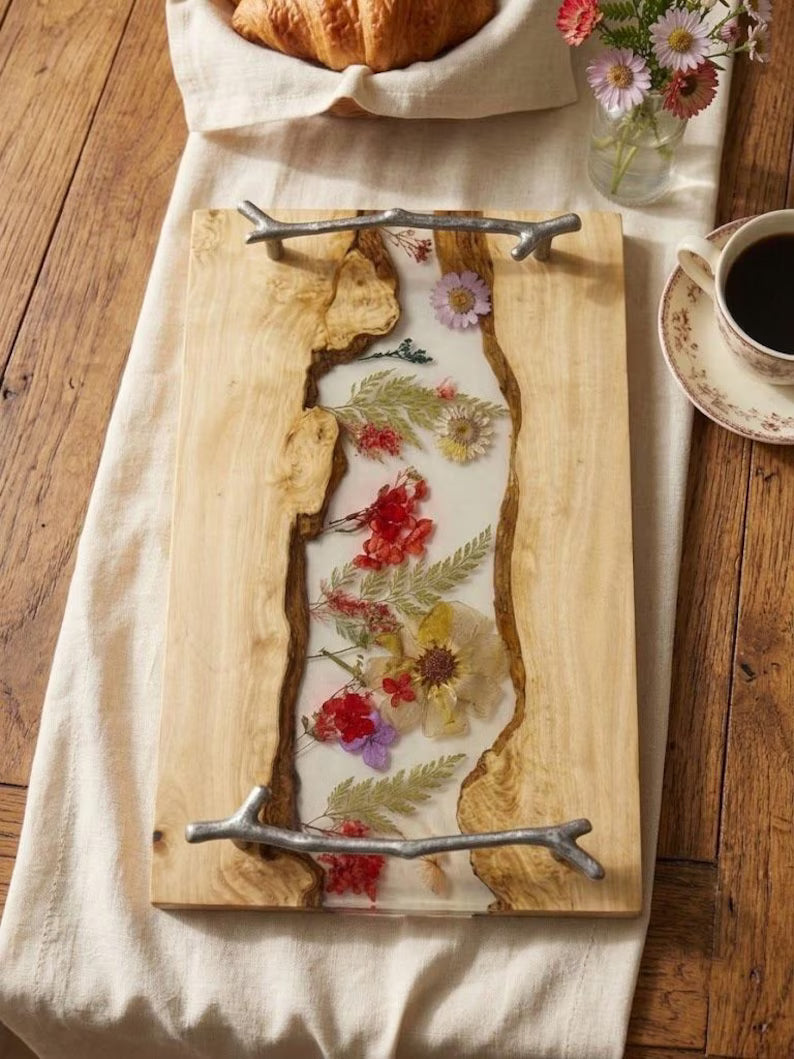 Pressed Flower Epoxy Wood Serving Tray – Botanical Resin Decorative Tray