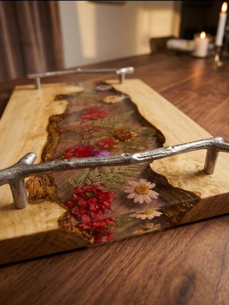 Pressed Flower Epoxy Wood Serving Tray – Botanical Resin Decorative Tray