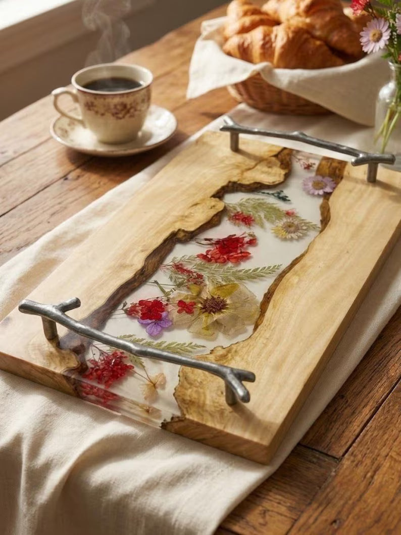 Pressed Flower Epoxy Wood Serving Tray – Botanical Resin Decorative Tray