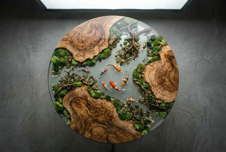 Koi Garden Epoxy Coffee Table – Round Wood Pond Landscape Table