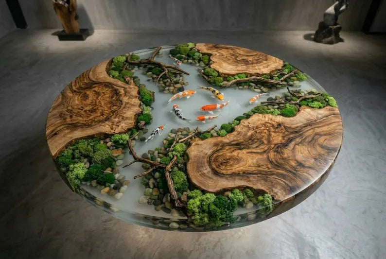 Koi Garden Epoxy Coffee Table – Round Wood Pond Landscape Table