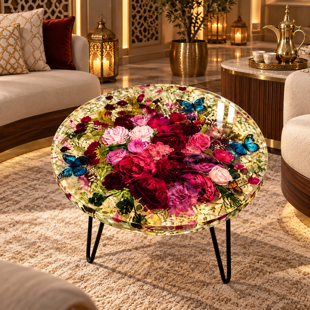 Enchanted Garden Epoxy Resin Coffee Table – Preserved Flower and Butterfly Design