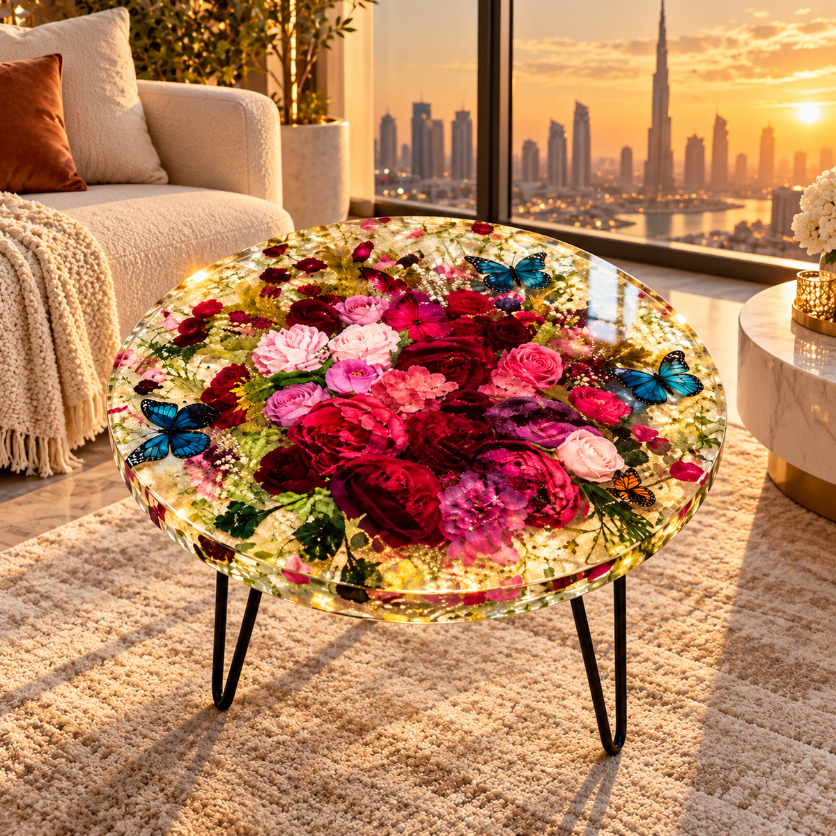 Enchanted Garden Epoxy Resin Coffee Table – Preserved Flower and Butterfly Design