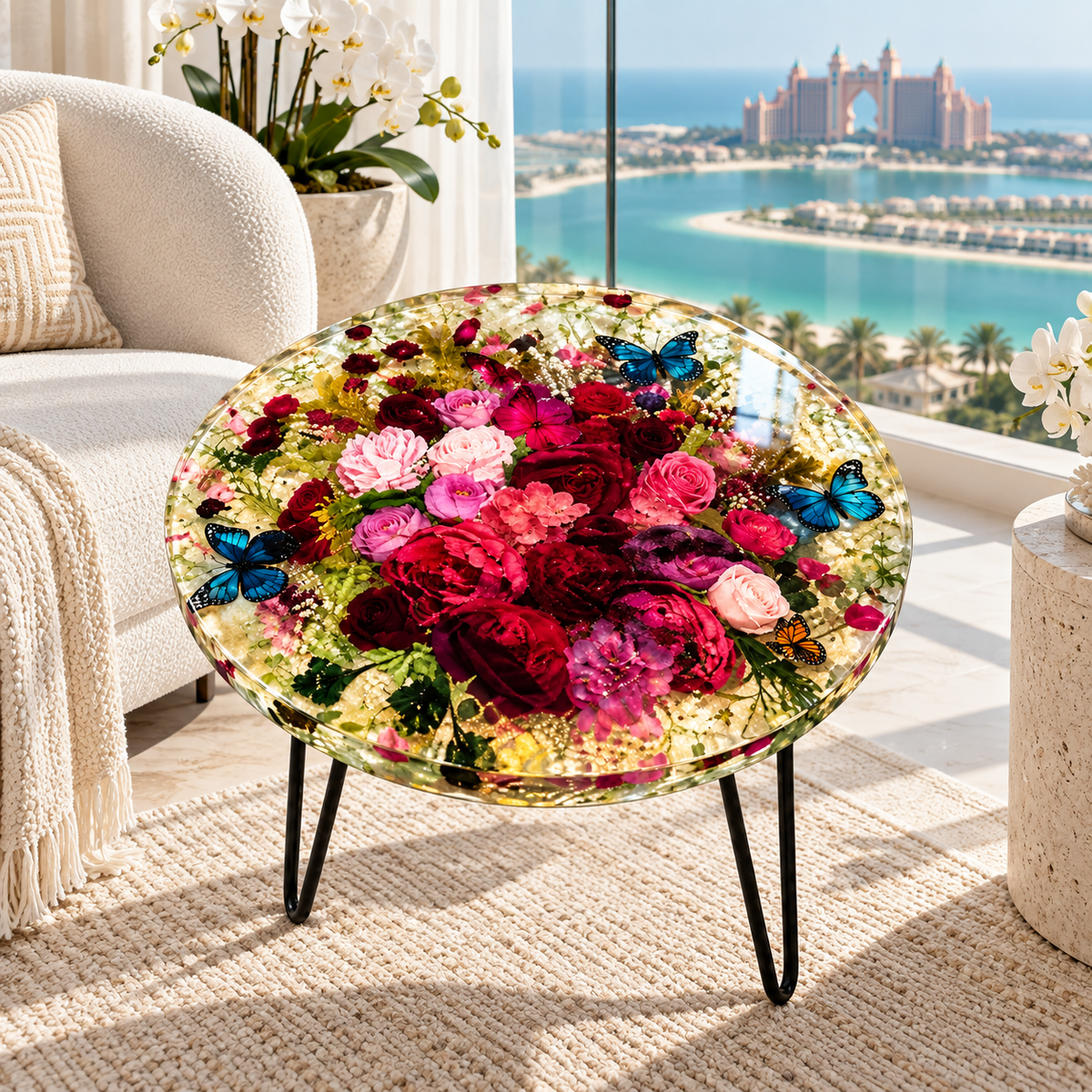 Enchanted Garden Epoxy Resin Coffee Table – Preserved Flower and Butterfly Design