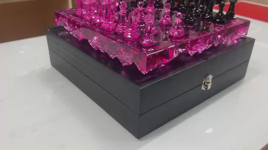 Rose Quartz Resin Chess Set – Handmade Pink Transparent Board With Box