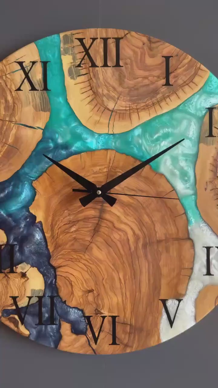 Turquoise River Epoxy Wood Wall Clock – Handmade Roman Numeral Decor