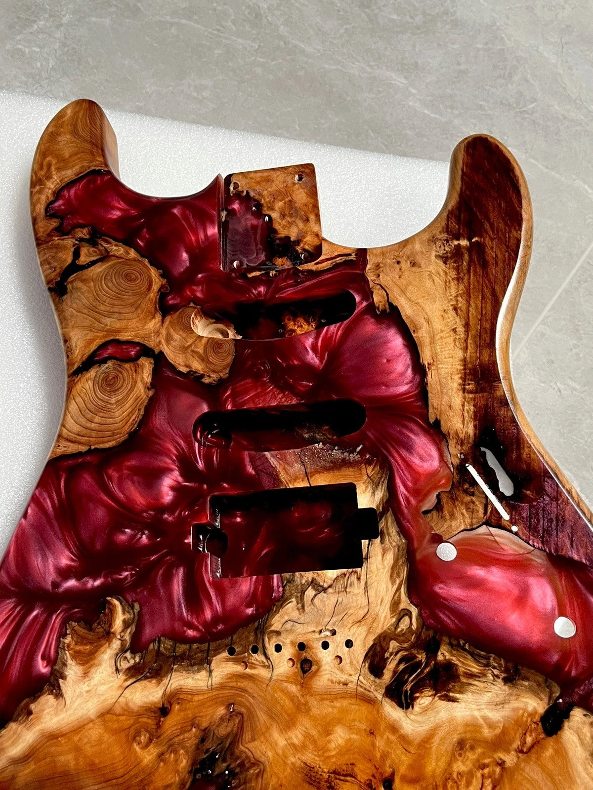 Crimson Flame Epoxy Wood Guitar Decor – Decorative Display Piece