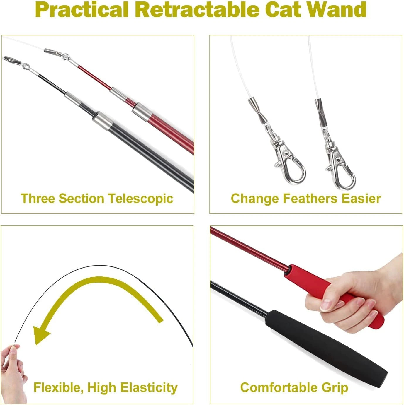 Interactive Cat Wand Toy Set – Retractable Teaser with Feather Refills for Indoor Cats