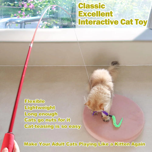 Interactive Cat Wand Toy Set – Retractable Teaser with Feather Refills for Indoor Cats