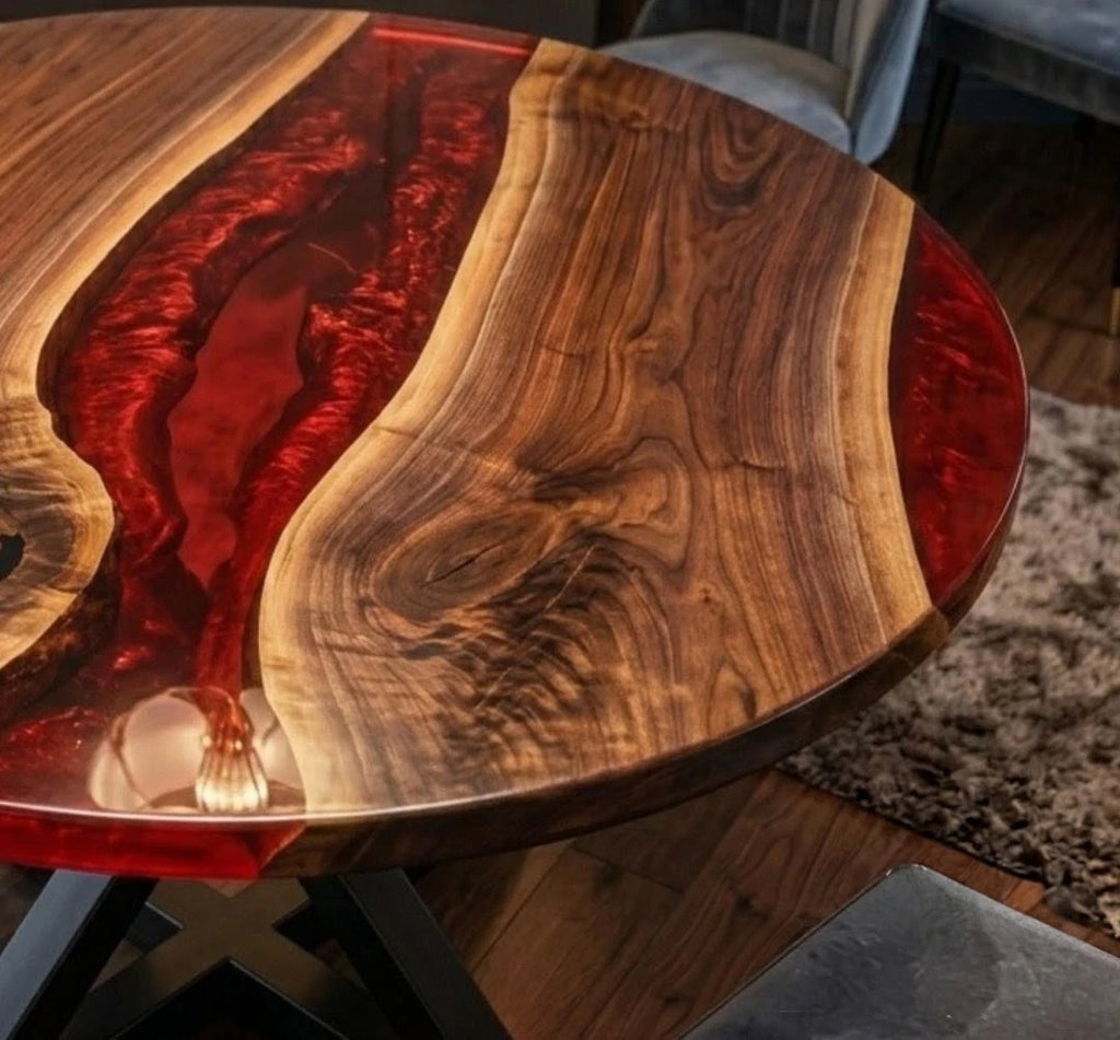 Ruby River Round Epoxy Dining Table – Live Edge Wood Statement Table