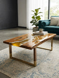 Golden River Epoxy Coffee Table – Live Edge Wood and Gold Metal Table