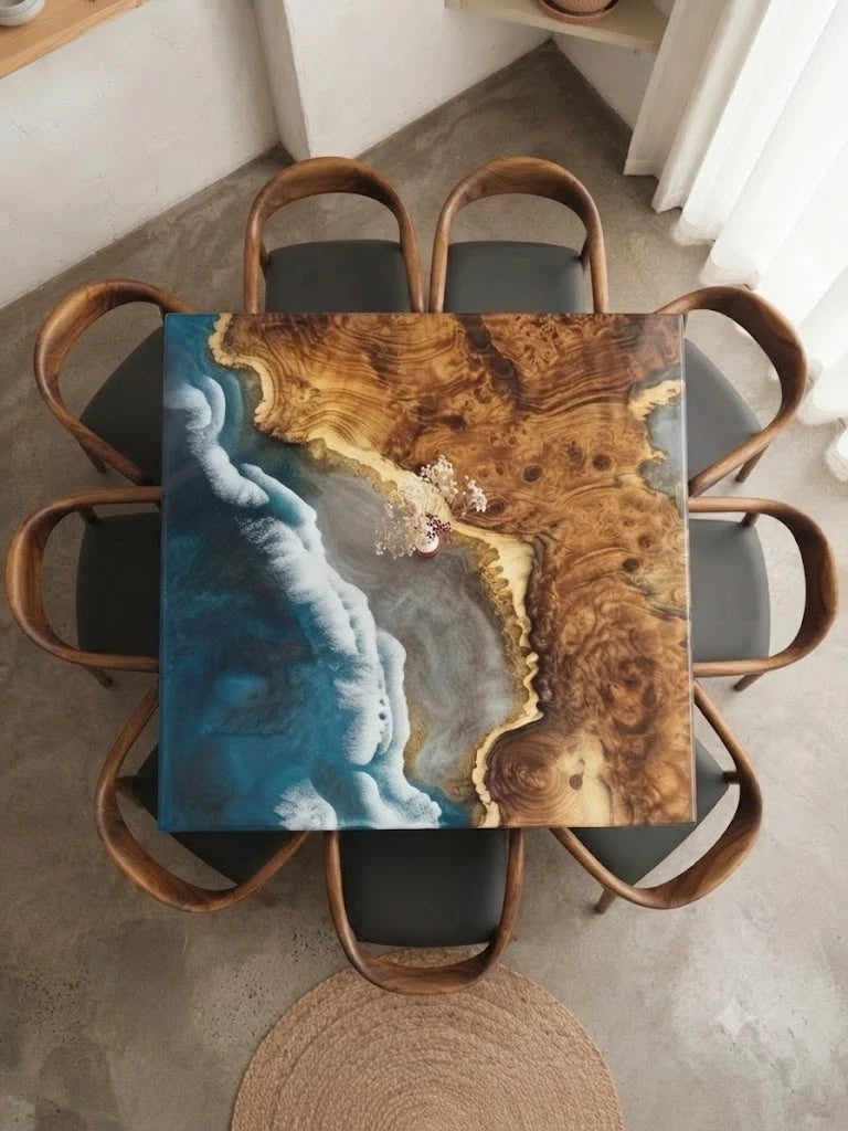 Coastal Wave Epoxy Dining Table – Live Edge Wood Ocean Table